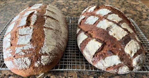 The left loaf was baked in the Challenger bread pan, the right loaf on a baking steel.