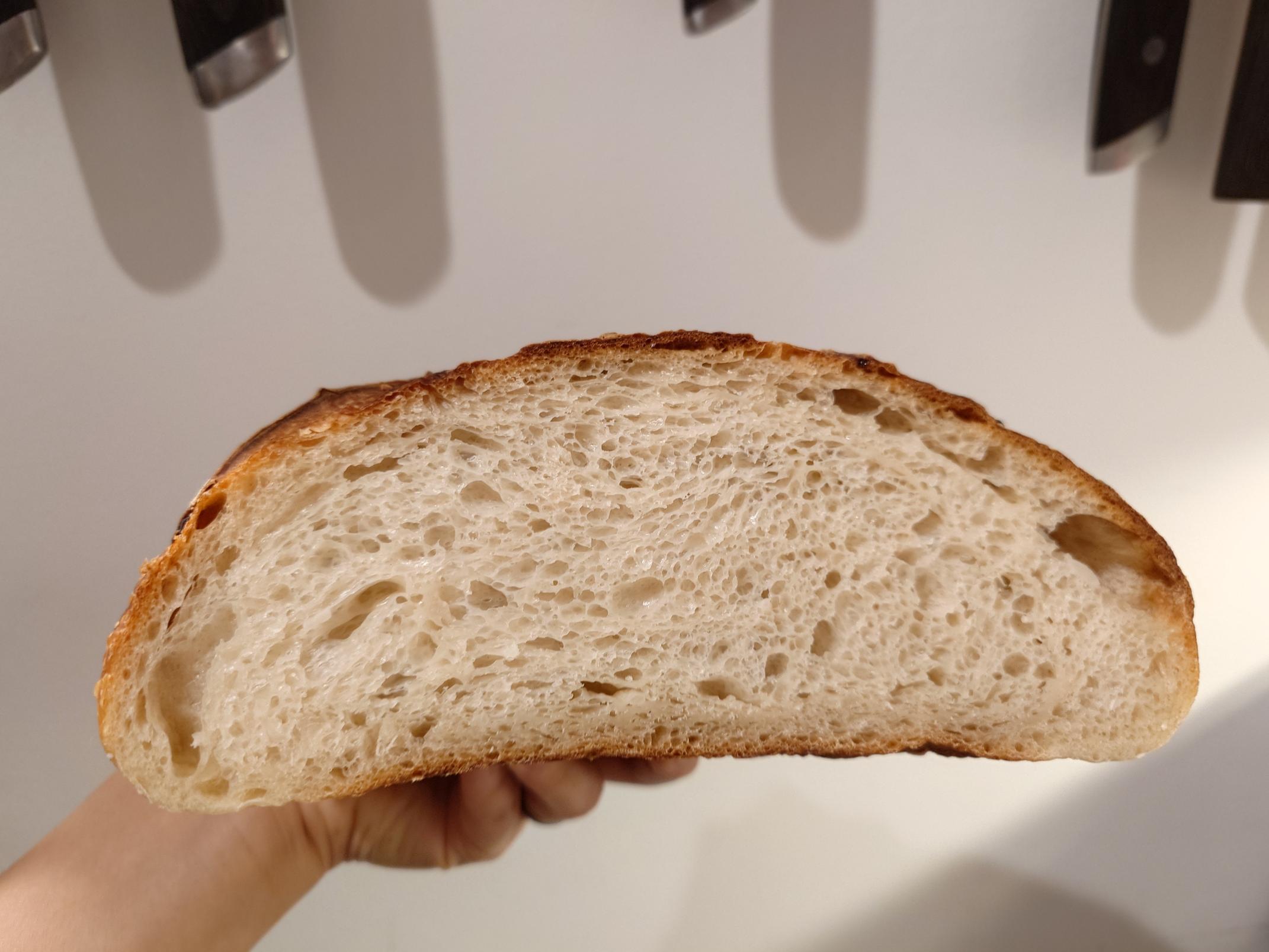 The interior of a crusty loaf of bread