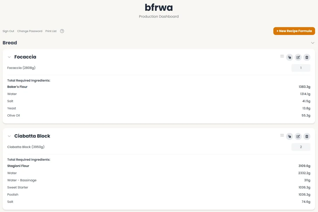 Screenshot of a formulas for bakery production