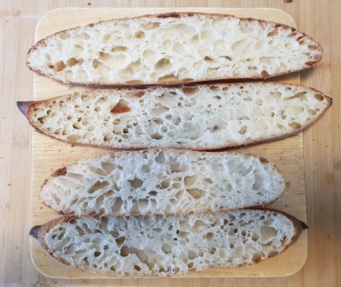 Baguette batch C bake 1 - crumb (yeast and sourdough)