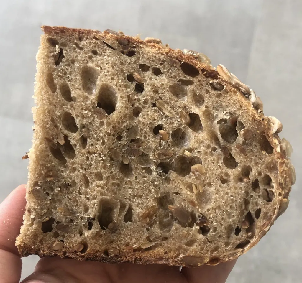 Inside crumb of loaf, showing lots of nice little and medium bubbles and tasty toasted sunflower seeds.