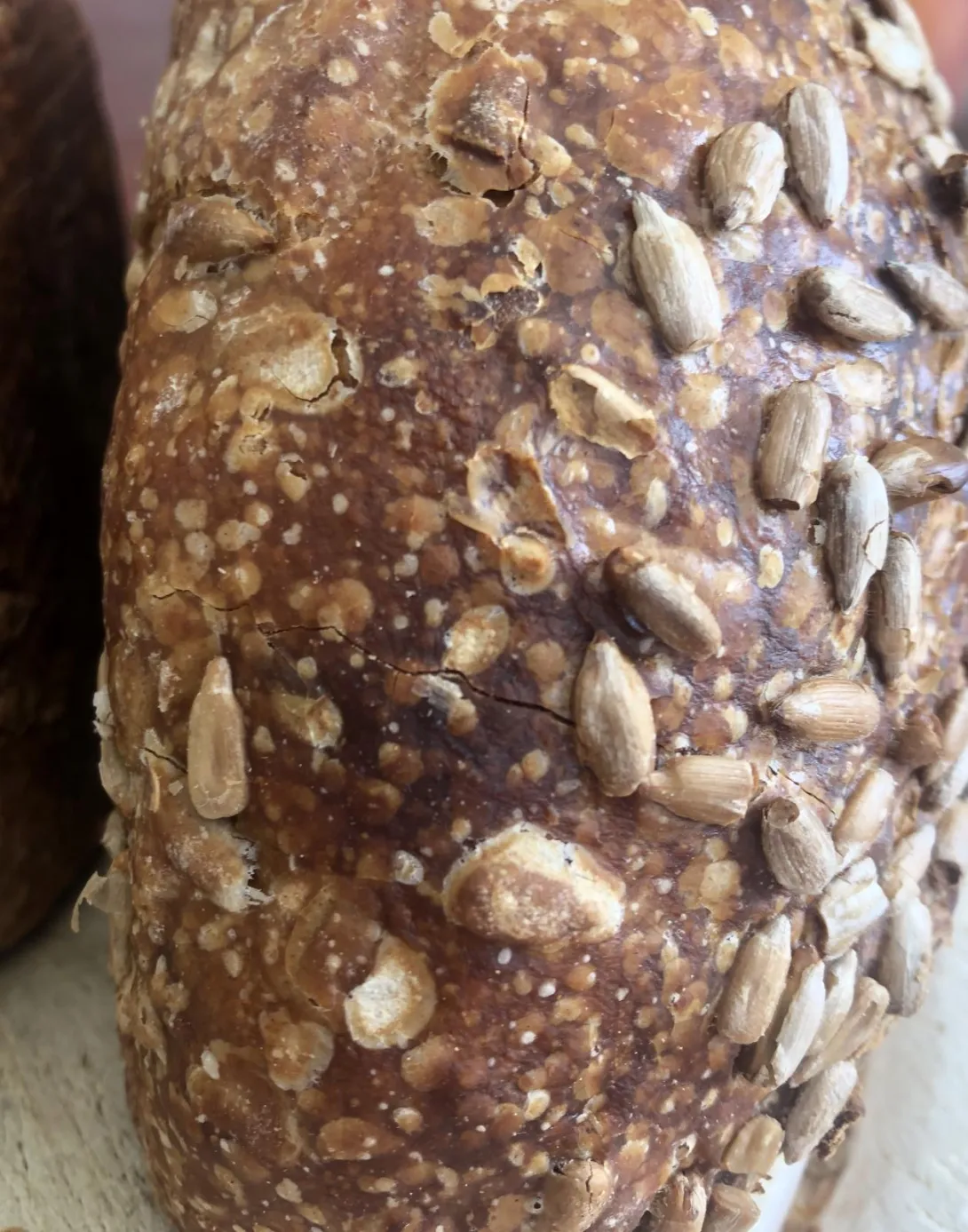 Outside texture of the loaf up close, showing external seeds and blisters